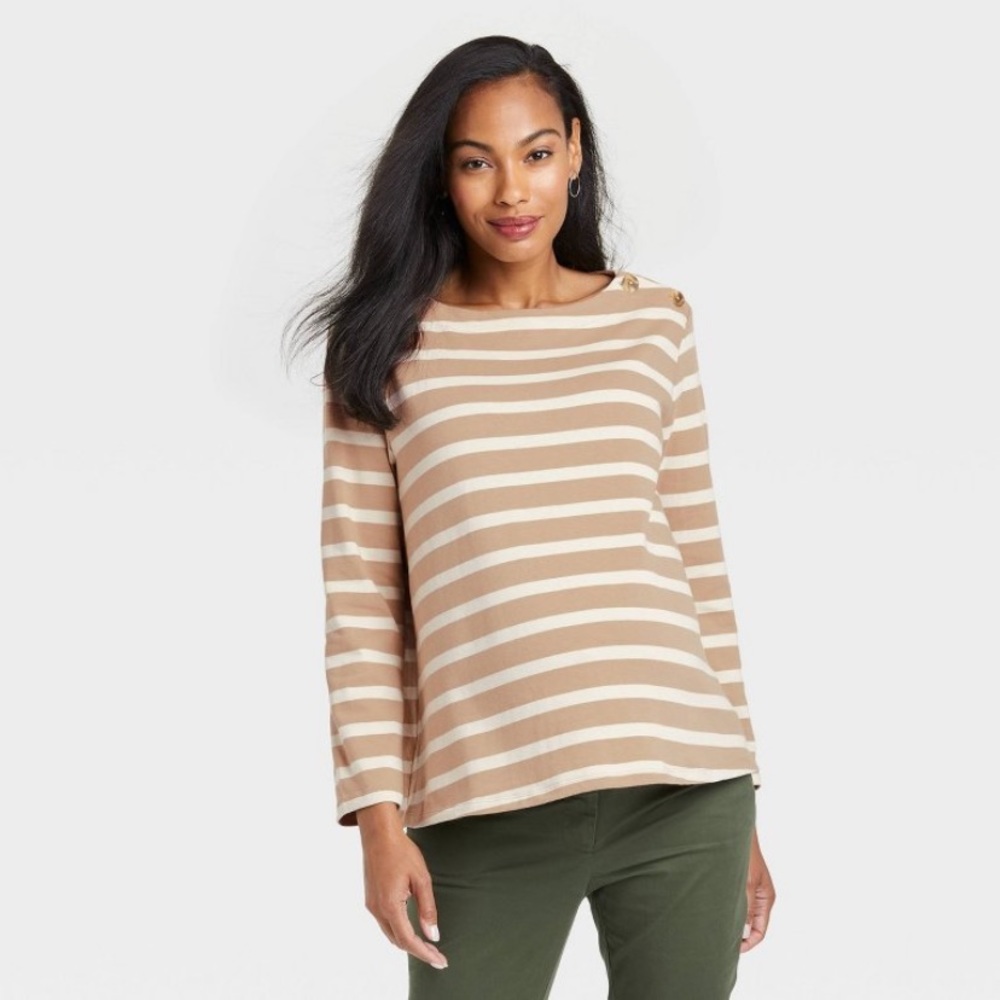 The Nines by HATCH Tan and White Striped Boatneck Top with Gold Buttons